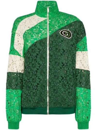 Shop Gucci Panelled Lace Logo Patch Track Jacket In Green