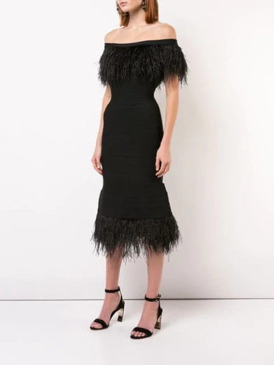 HERVÉ LÉGER OSTRICH FEATHER TRIM BANDAGE DRESS - 黑色