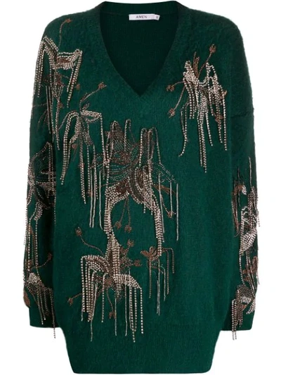 Shop Amen Oversized Embellished Jumper In Green