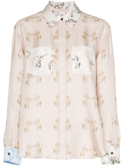 Shop Burberry Alexa Dancing Unicorn Print Shirt In Pale Pink