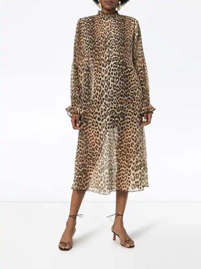 Ganni Leopard Print Sheer Georgette Long Sleeve Midi Dress | ModeSens
