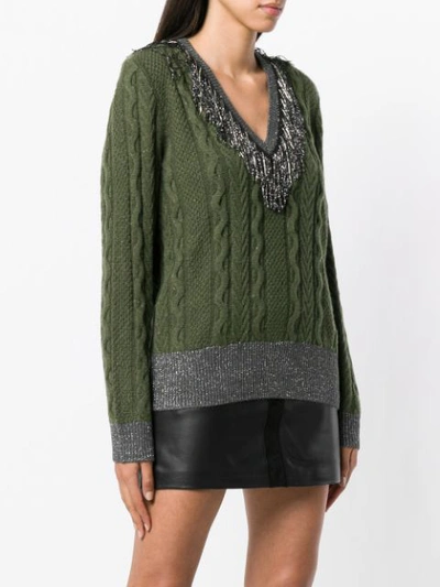 Shop Pinko Tinsel Fringe Cable Knit Sweater In Green