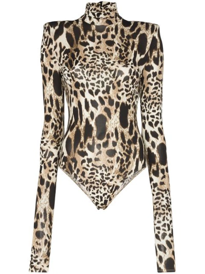 Shop Alexandre Vauthier High-neck Leopard-print Bodysuit In Brown