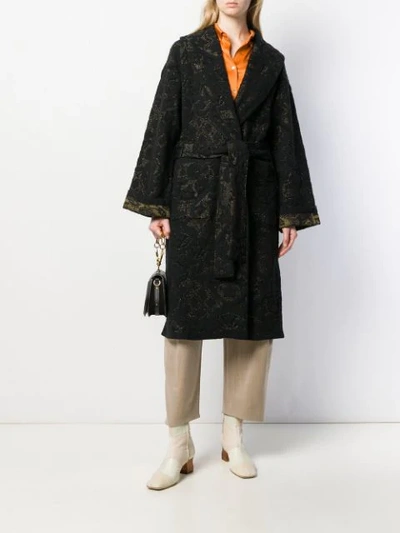Shop Etro Floral Pattern Belted Coat In Black