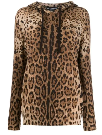 Shop Dolce & Gabbana Cashmere Knitted Leopard Hoodie In Brown