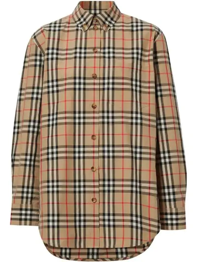 Shop Burberry Button-down Collar Vintage Check Cotton Shirt In Brown