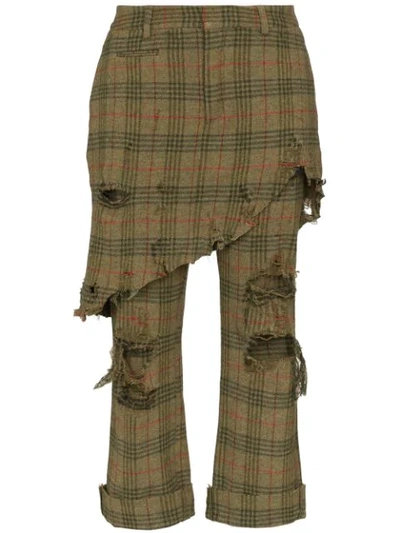Shop R13 Distressed Skirt-detail Checked Trousers In Green