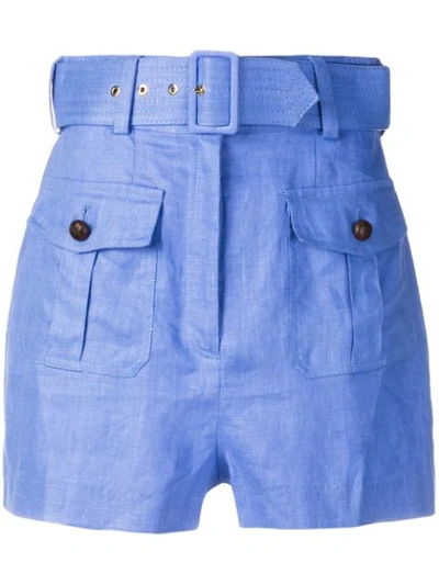 Shop Zimmermann High Waisted Belted Shorts In Blue