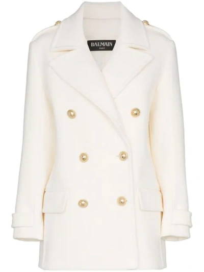 Shop Balmain Double-breasted Coat In White