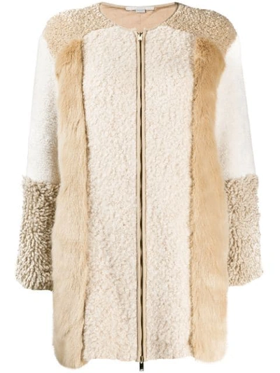 Shop Stella Mccartney Fur Free Fur Zip-up Patched Jacket In Neutrals