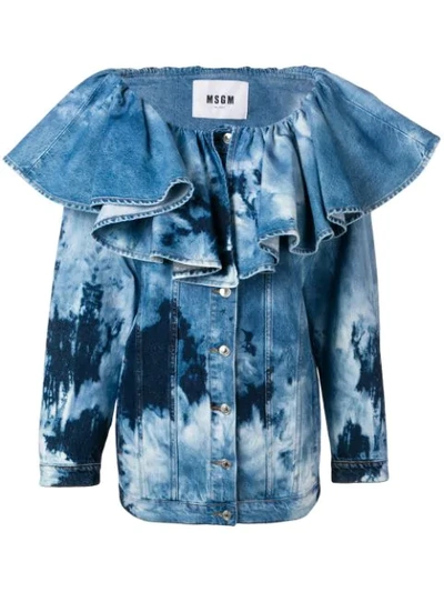 Shop Msgm Ruffled Neck Denim Jacket In Blue