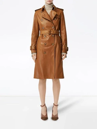 Shop Burberry Topstitch Detail Lambskin Trench Coat In Brown