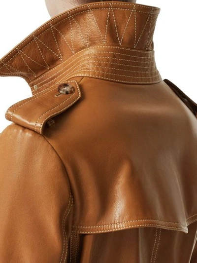 Shop Burberry Topstitch Detail Lambskin Trench Coat In Brown