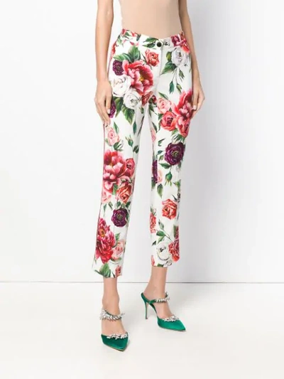 Shop Dolce & Gabbana Peony And Rose Print Trousers - White