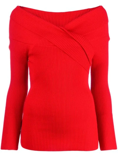 Shop Paule Ka Ribbed Off-the-shoulder Jumper In Red