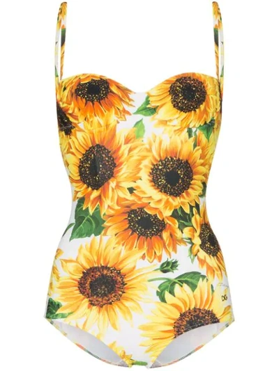 Shop Dolce & Gabbana Sunflower Print One-piece Swimsuit In Yellow