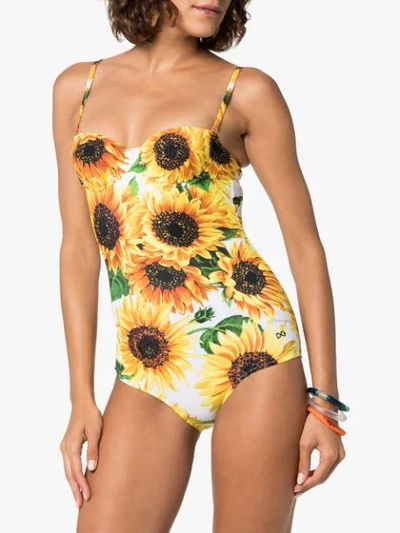 Shop Dolce & Gabbana Sunflower Print One-piece Swimsuit In Yellow