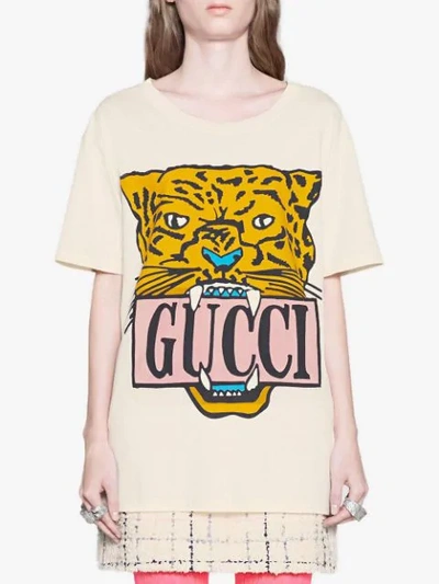 Gucci Oversize Cotton T-shirt With Tiger In Off-white Cotton | ModeSens