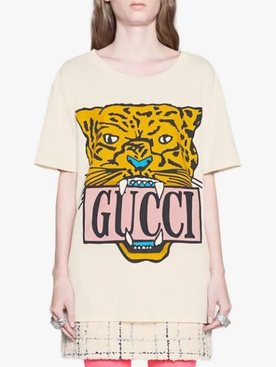 Shop Gucci Sequin Logo Oversized T-shirt In Neutrals