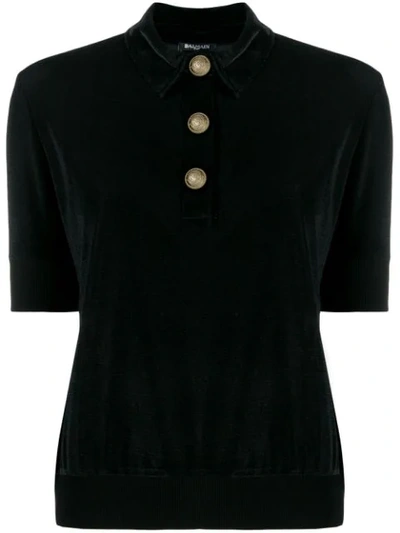 Shop Balmain Velvet Piqué Polo Shirt In Black