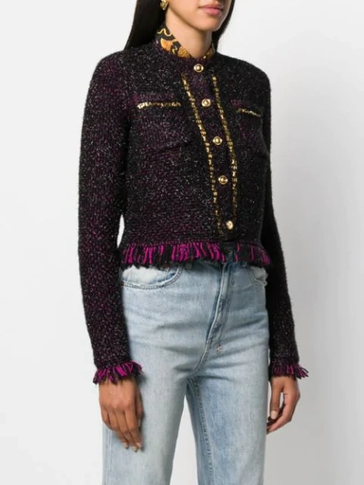 Shop Versace Tweed Fringed Jacket In Black