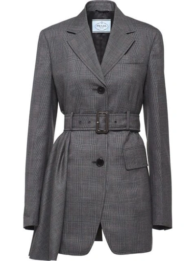 Shop Prada Belted Long Blazer In Grey