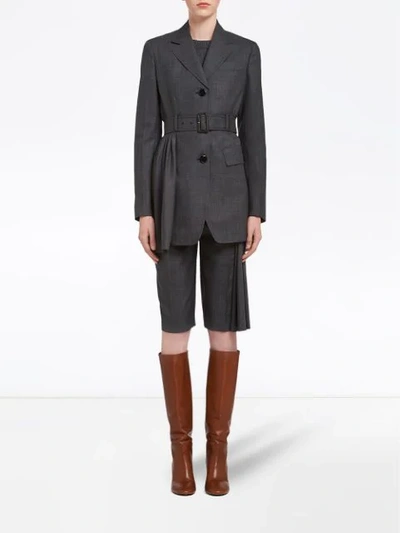 Shop Prada Belted Long Blazer In Grey