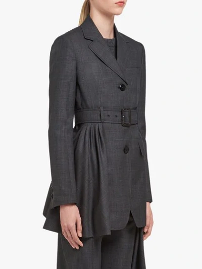 Shop Prada Belted Long Blazer In Grey