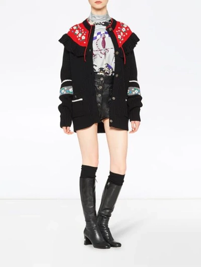 MIU MIU RUFFLED INTARSIA CARDIGAN - 黑色