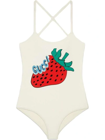 Shop Gucci Lycra Bathing Suit With  Strawberry Print In White