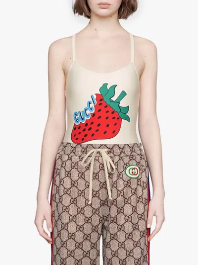Shop Gucci Lycra Bathing Suit With  Strawberry Print In White