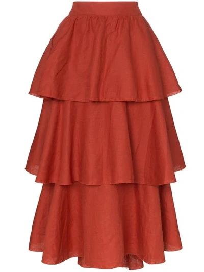 Shop Johanna Ortiz Exotic Destination Tiered Linen Skirt In Orange