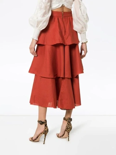 Shop Johanna Ortiz Exotic Destination Tiered Linen Skirt In Orange