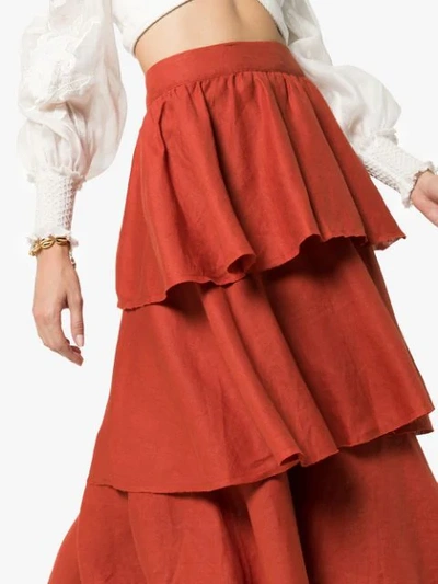 Shop Johanna Ortiz Exotic Destination Tiered Linen Skirt In Orange