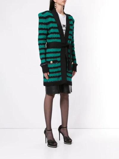 Shop Balmain Tie-waist Striped Cardigan In Uau Emeraude/no