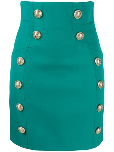 Shop Balmain Buttoned Detailed Mini Skirt In Blue