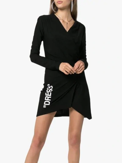 Shop Off-white Ruched Quote-print Mini-dress In Black