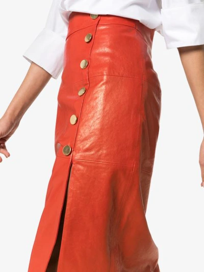 Shop Skiim Lucy Button Down Leather Midi Skirt In Red