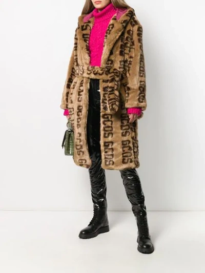 Shop Gcds Faux Fur Logo Coat In Brown