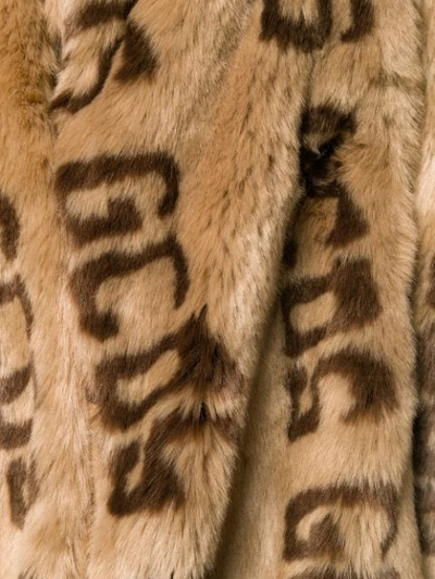 Shop Gcds Faux Fur Logo Coat In Brown