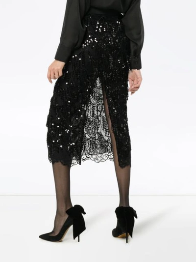 Shop Alessandra Rich Sequin Embellished Lace Panel Silk Skirt In Black