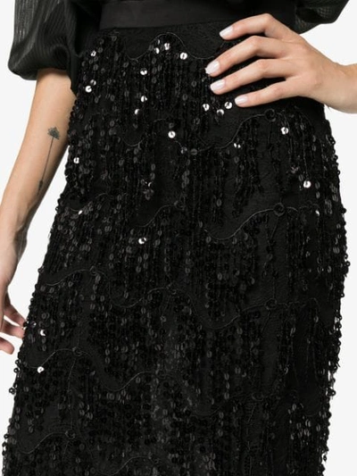 Shop Alessandra Rich Sequin Embellished Lace Panel Silk Skirt In Black