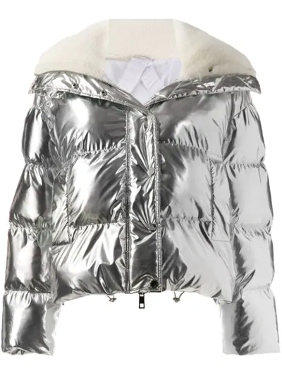 Shop P.a.r.o.s.h Metallic Puffer Jacket In 057 Silver