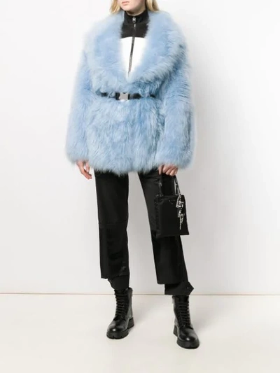 Shop Prada Belted Goat Fur Coat In Blue