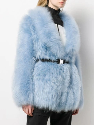 Shop Prada Belted Goat Fur Coat In Blue