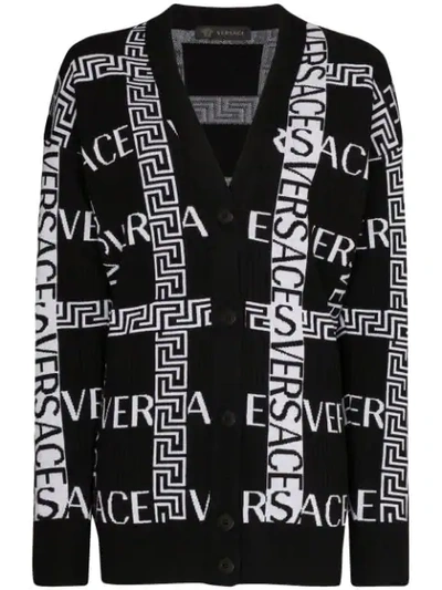 Shop Versace Greek Key Logo-intarsia Cardigan In Black