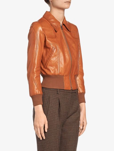 Shop Prada Leather Bomber Jacket In Brown