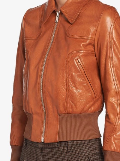 Shop Prada Leather Bomber Jacket In Brown