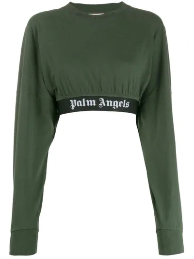 Shop Palm Angels Cropped Logo Sweatshirt In Green
