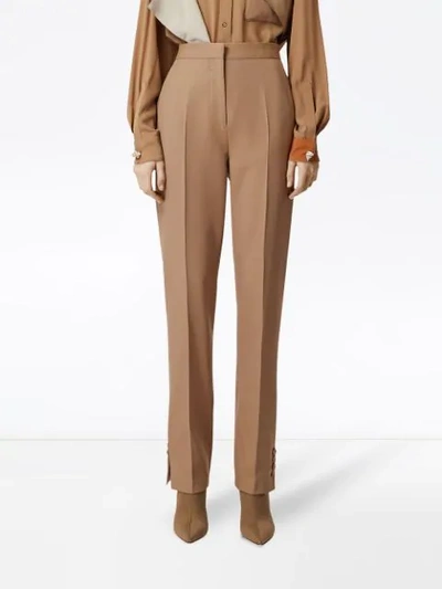 Shop Burberry Straight Fit Button Detail Wool Blend Tailored Trousers In Neutrals